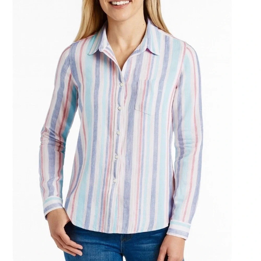 LL Bean Premium Striped Washable Linen‎ Tunic Button Up Shirt Size XL
